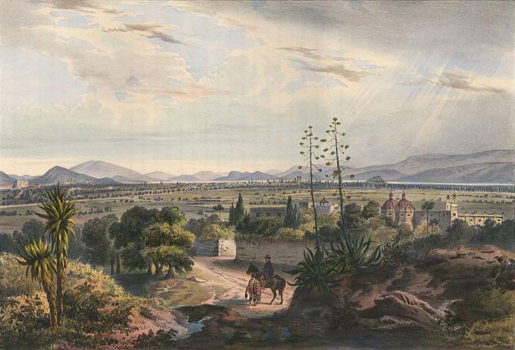 unknow artist Mexico, visto desde el Arsobisbado de Tacubaya. Mexico City seen from Tacubaya. Hand-colored lithograph highlighted with gum arabic